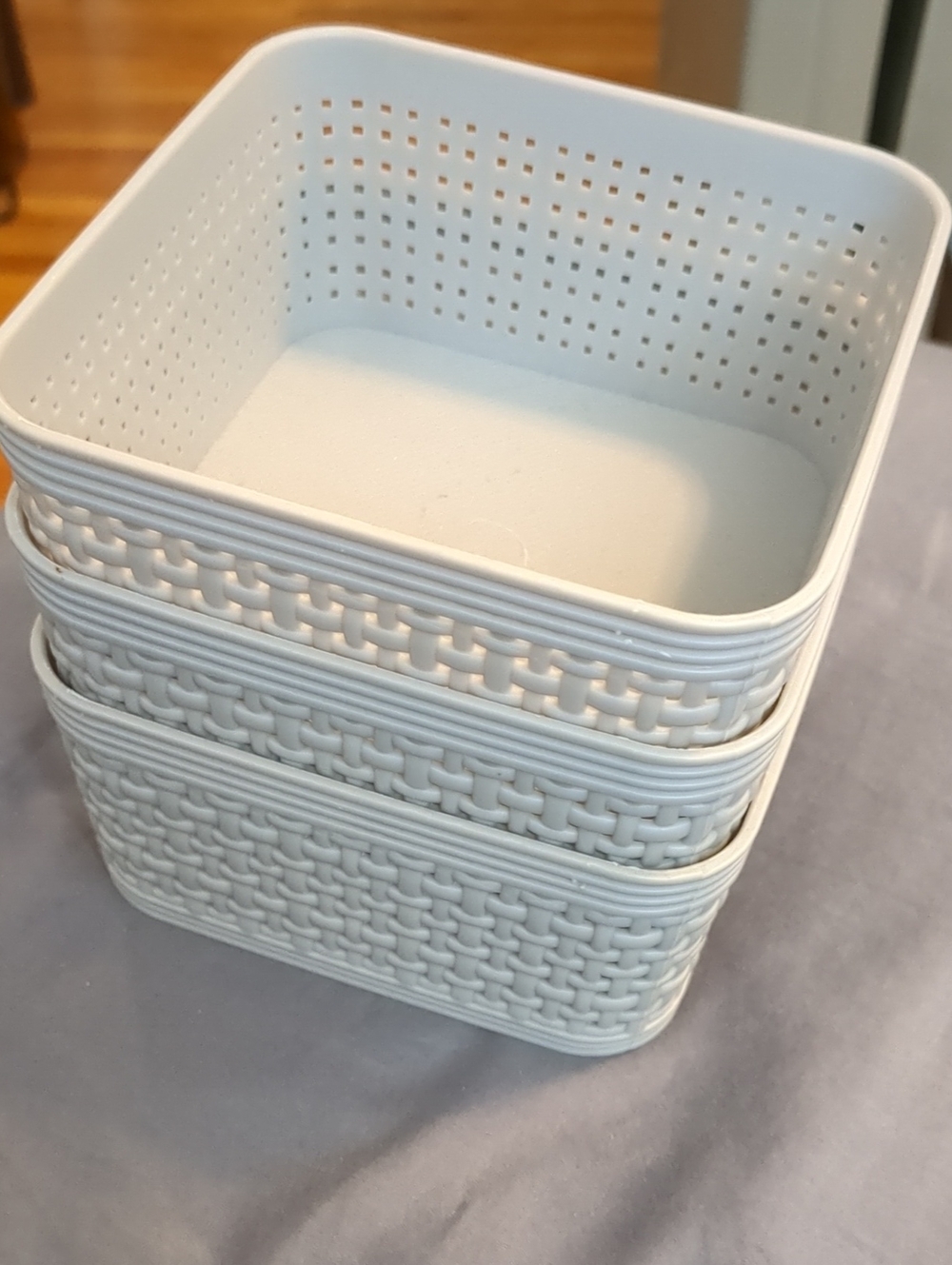 Light Grey Stackable Woven-Style Plastic Mini Square Baskets 4.75" 4.75" 2 3/8"